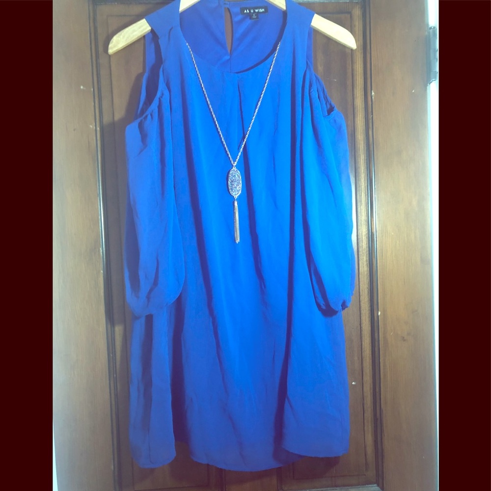 flowy blue dress with shoulder cut outs